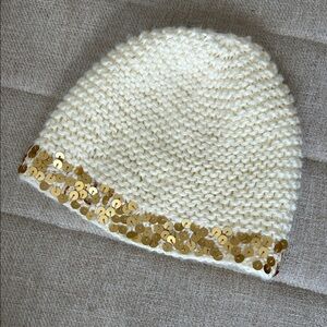 Cream Knit Beanie with Gold Sequins